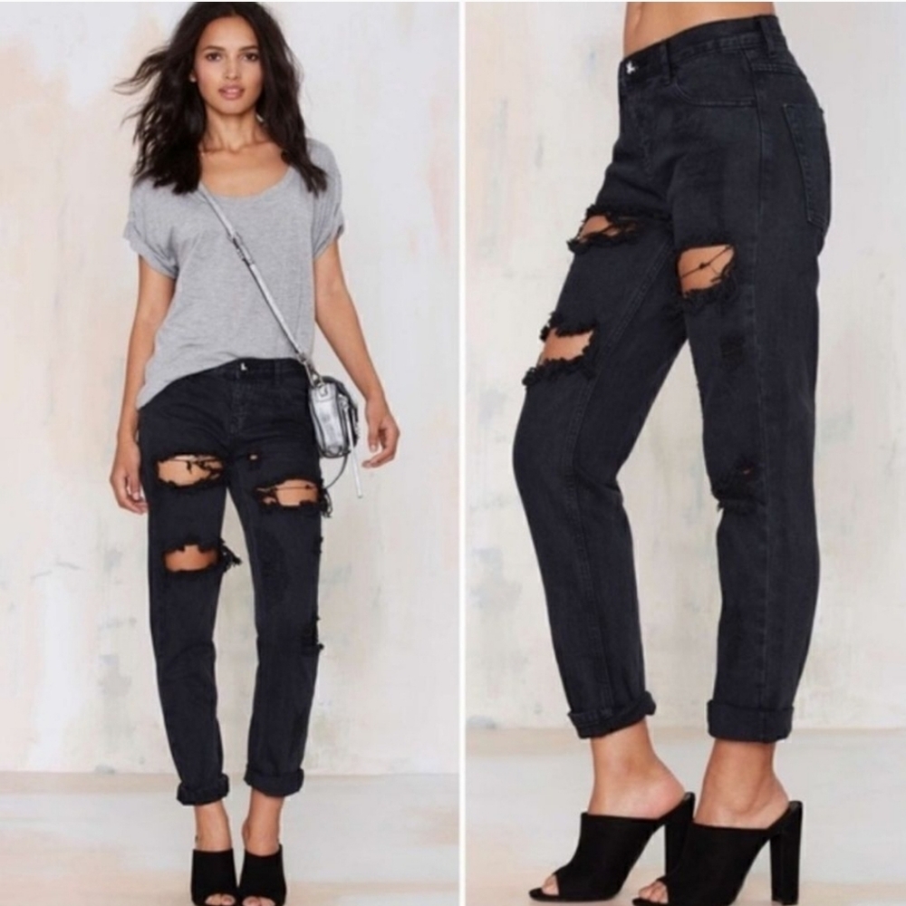 ONE x ONE TEASPOON High Waist Awesome Baggie distressed black destroyed jeans